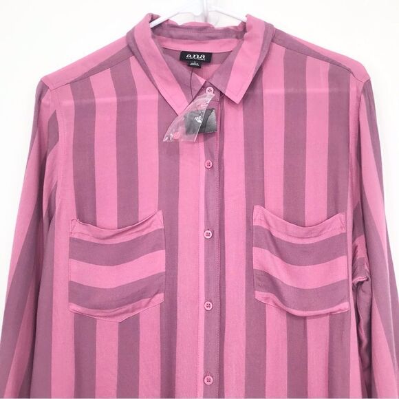 A.N.A. Pink Striped Button Up Lightweight Roll tab Long Sleeve Blouse- NEW - Picture 5 of 13